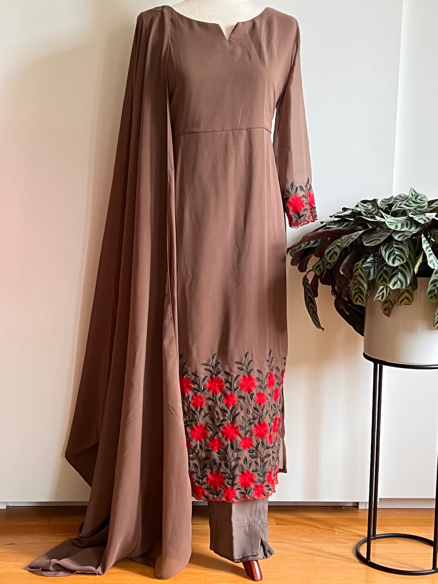 Pastel Brown Faux Georgette Slit Salwar Set -Size M