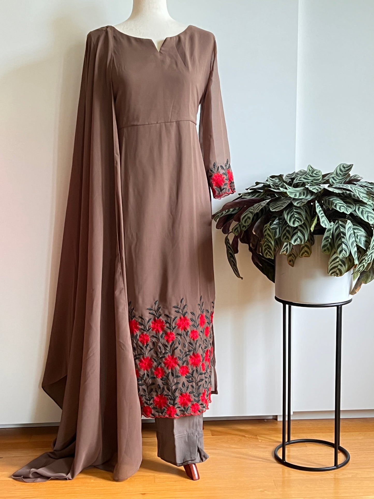 Pastel Brown Faux Georgette Slit Salwar Set -Size M