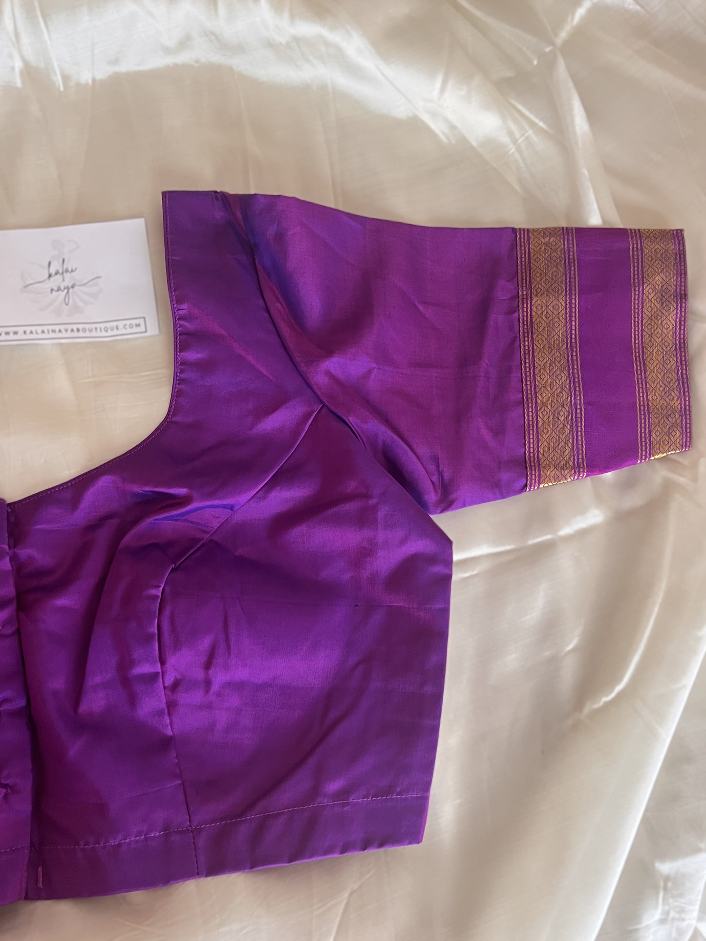 Blue Handloom Kanchipuram Silk Saree with Purple Border | Stitched Blouse-Size L