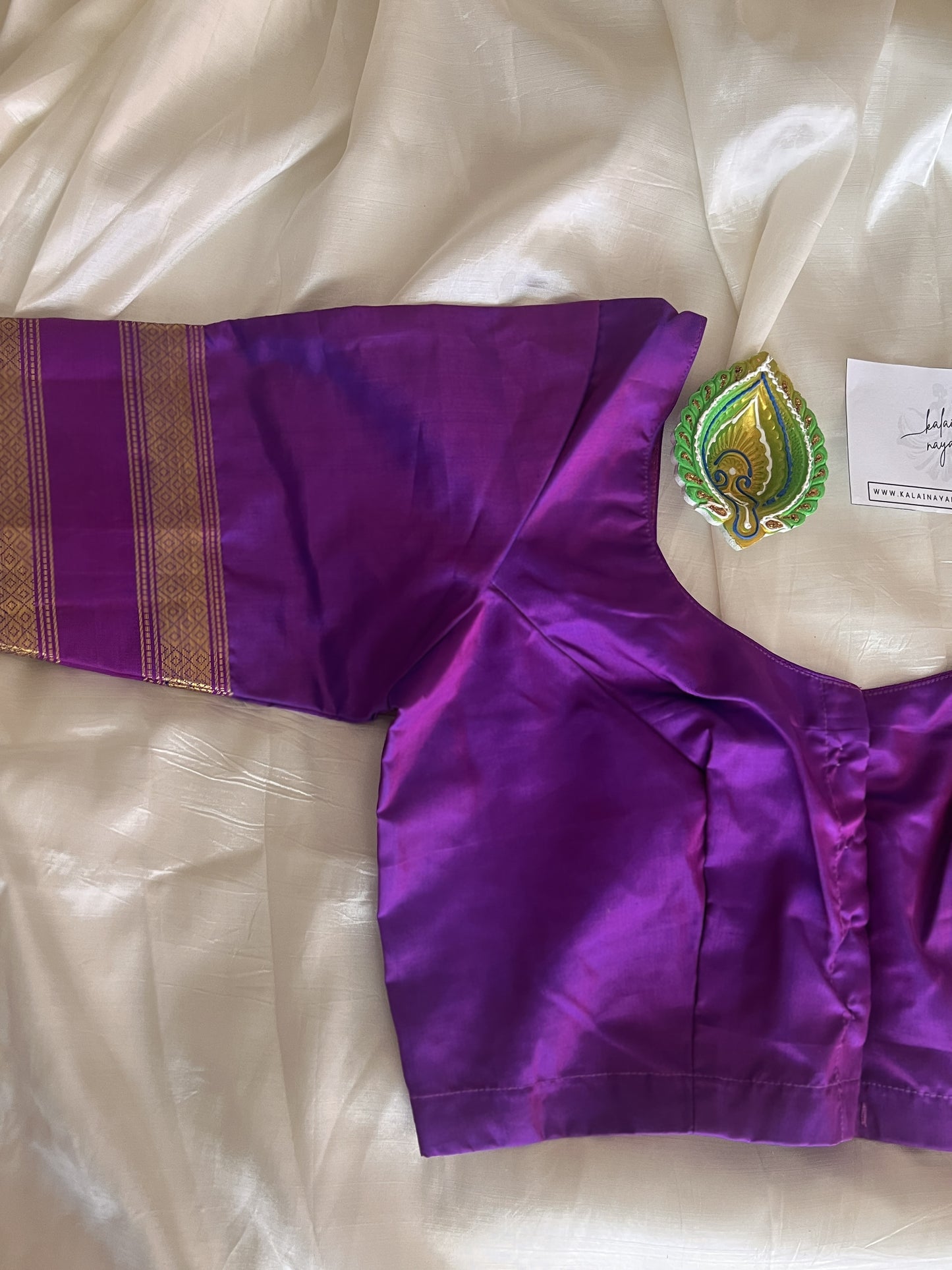 Blue Handloom Kanchipuram Silk Saree with Purple Border | Stitched Blouse-Size L