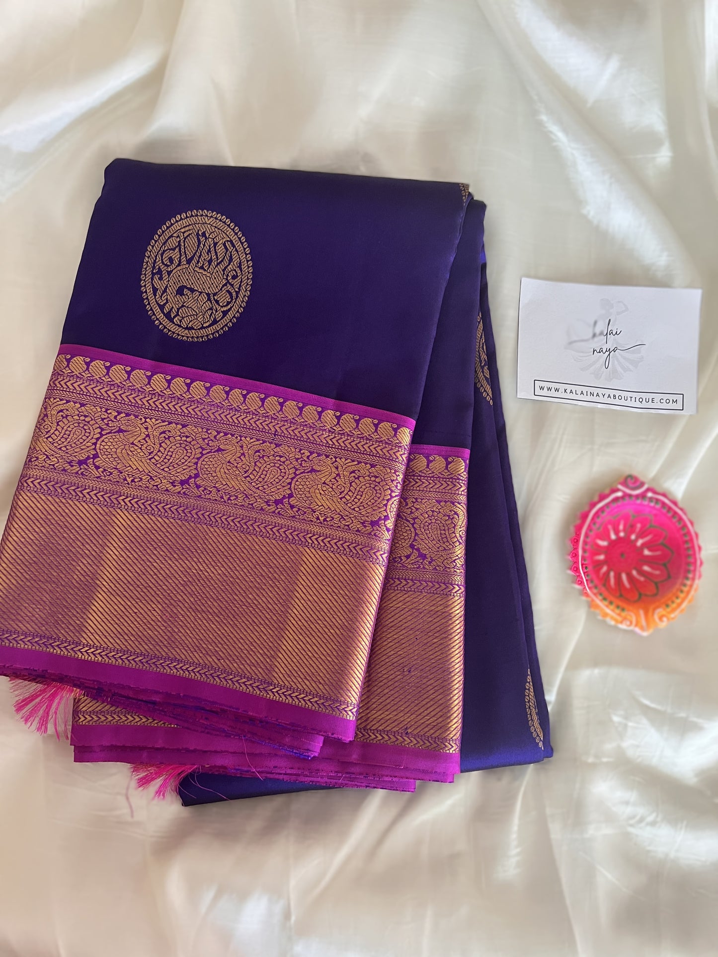 Blue Handloom Kanchipuram Silk Saree with Purple Border | Stitched Blouse-Size L