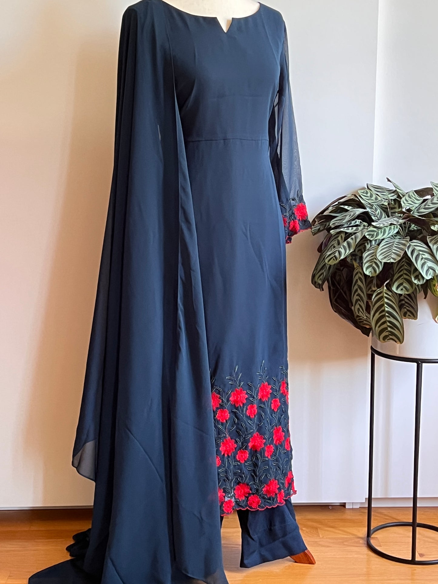 Teal Blue Faux Georgette Slit Salwar Set | Siza L