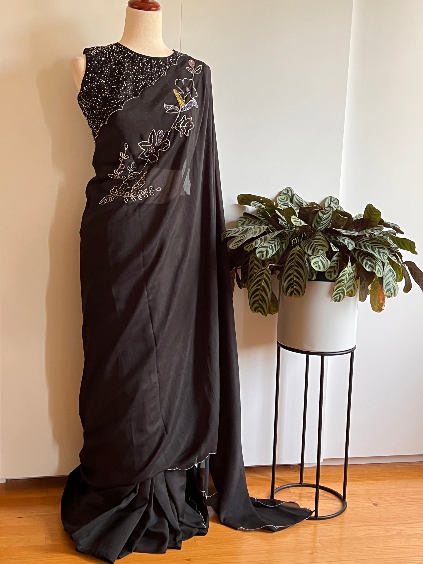 Black Fancy Silk Saree with Stitched Sleeveless Blouse (Size - M) (Size-38)