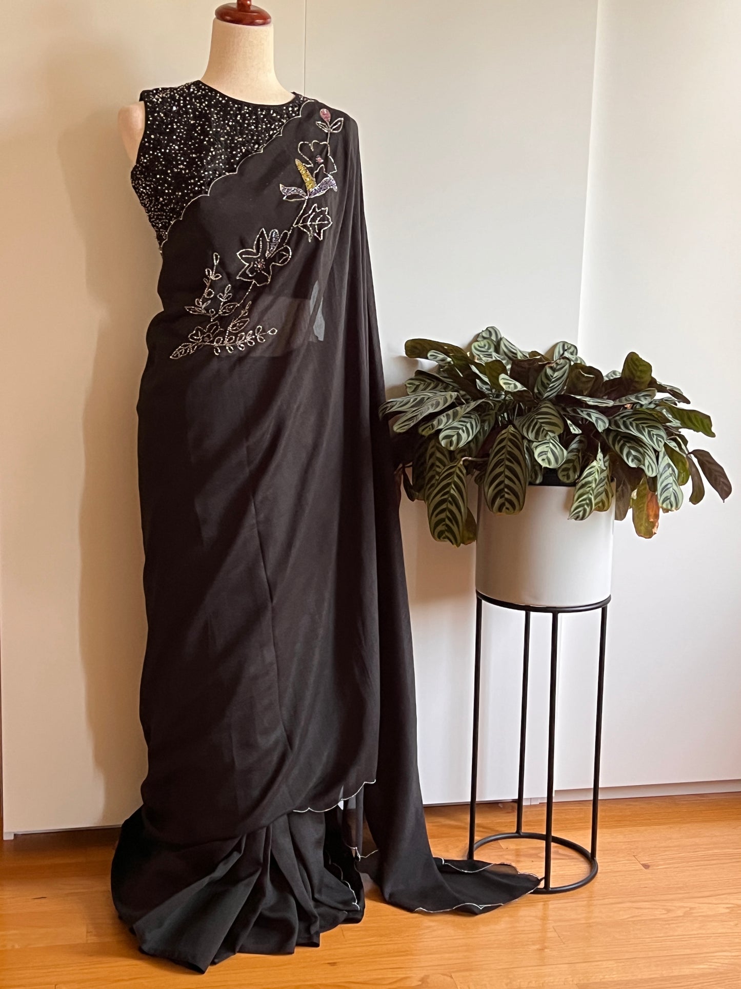 Black Fancy Silk Saree with Stitched Sleeveless Blouse (Size - M) (Size-38)