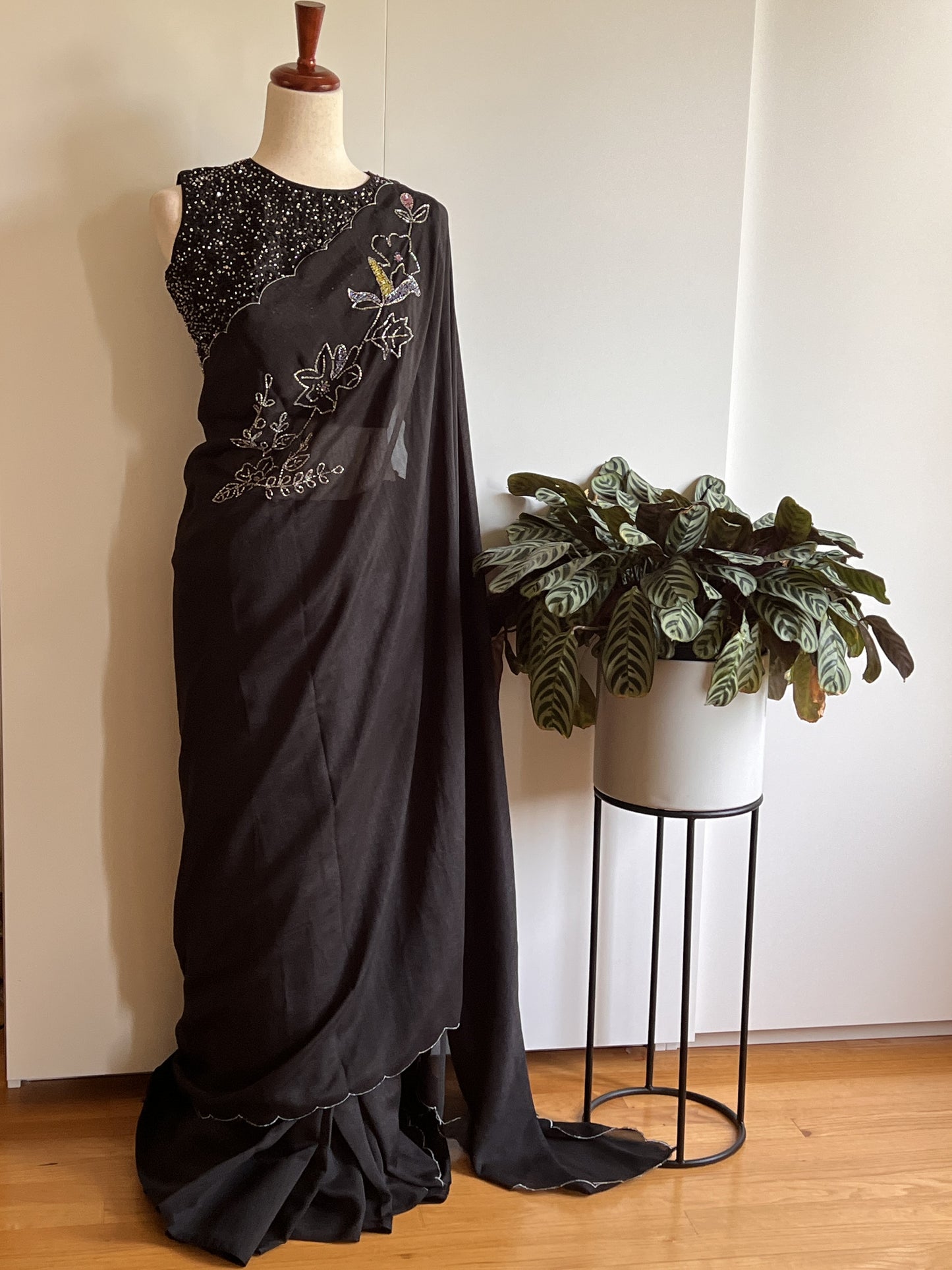 Black Fancy Silk Saree with Stitched Sleeveless Blouse (Size - M) (Size-38)