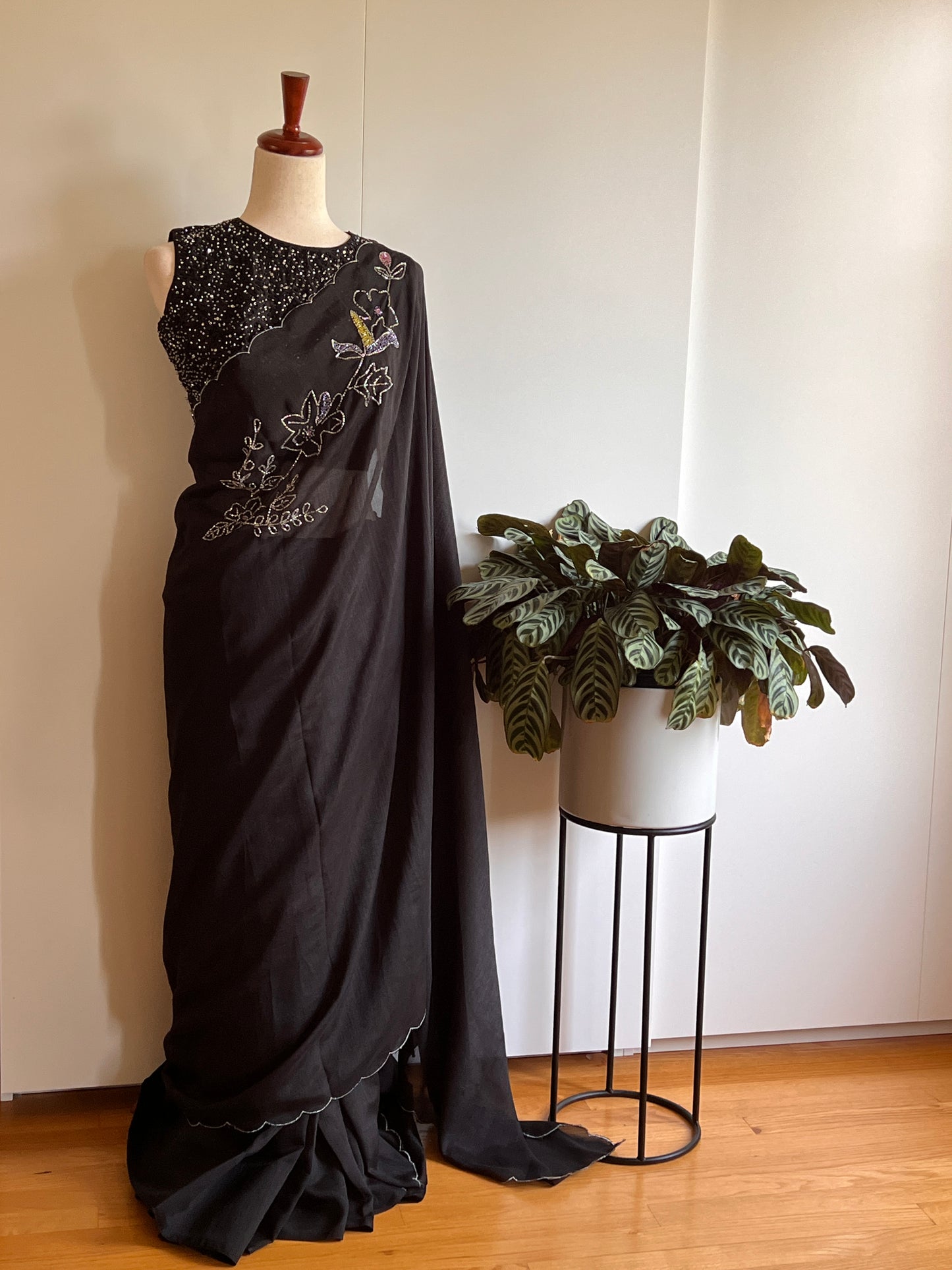 Black Fancy Silk Saree with Stitched Sleeveless Blouse (Size - M) (Size-38)