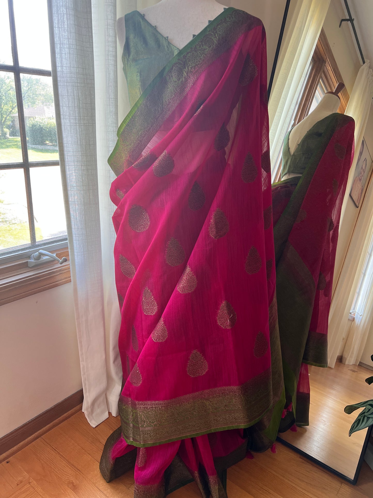 Pink Green Silk Cotton Saree