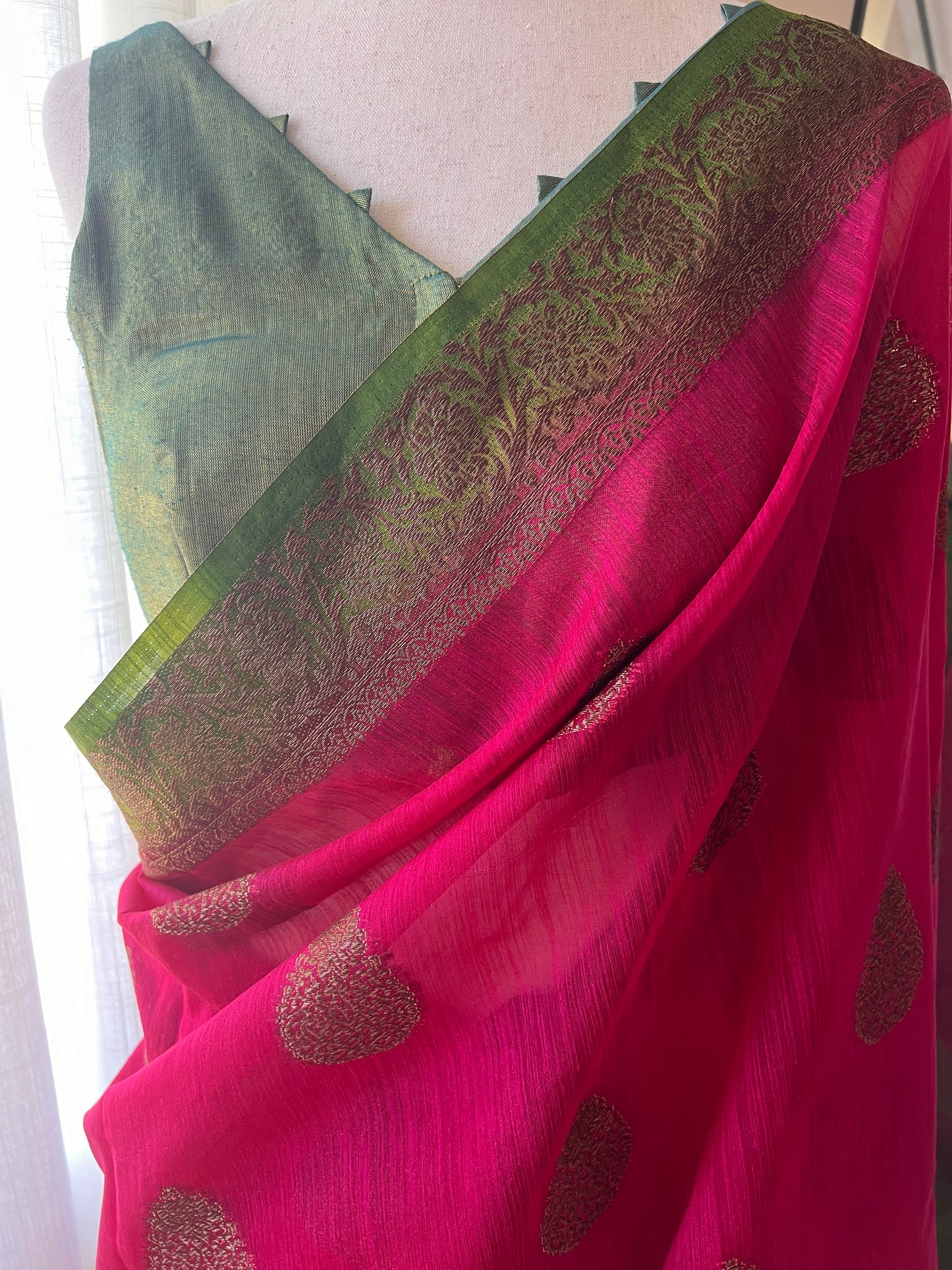 Pink Green Silk Cotton Saree