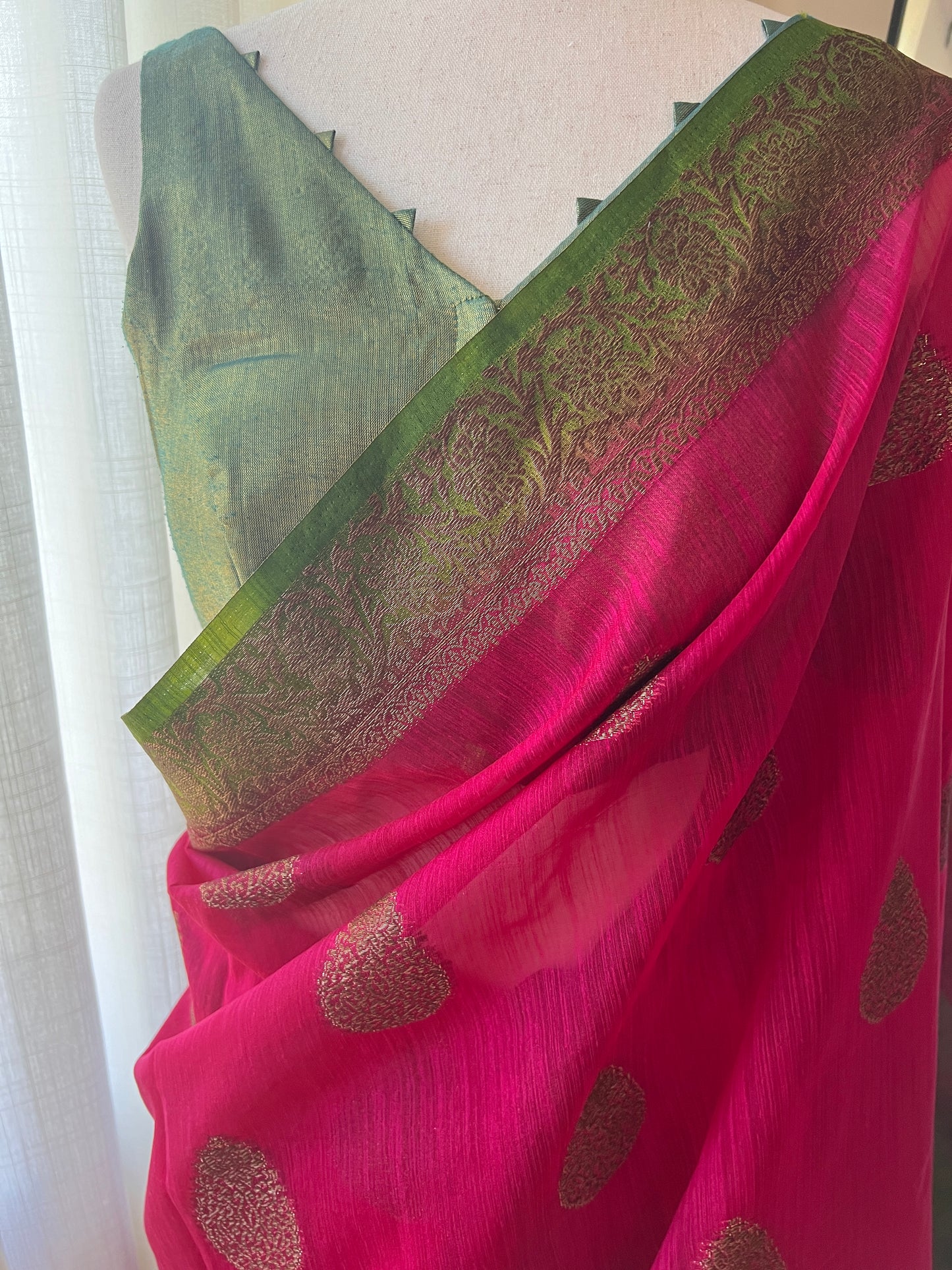 Pink Green Silk Cotton Saree