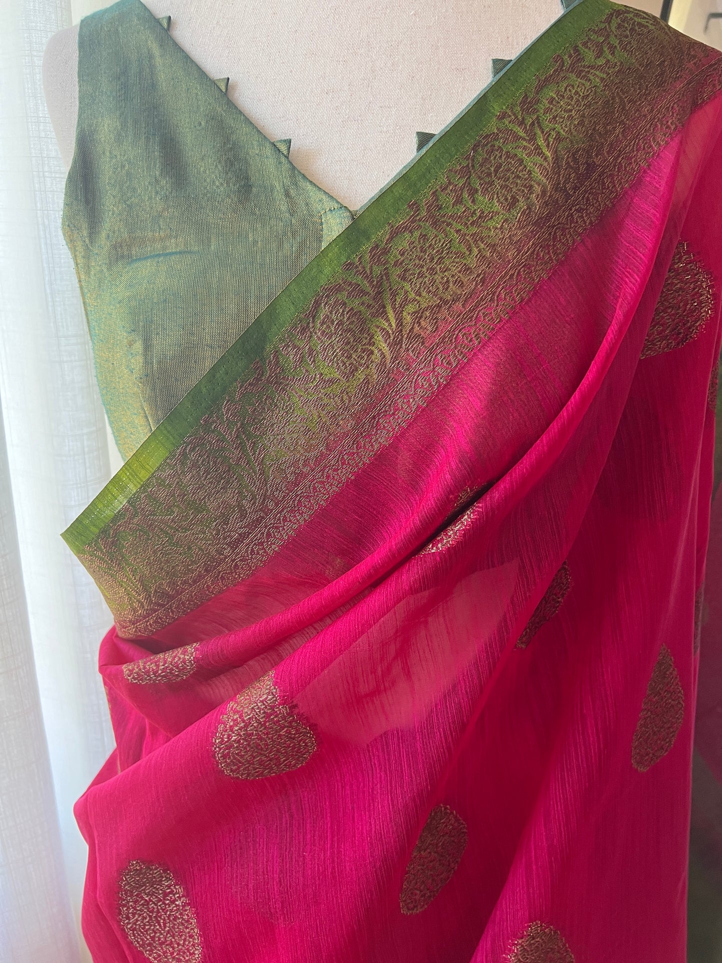 Pink Green Silk Cotton Saree