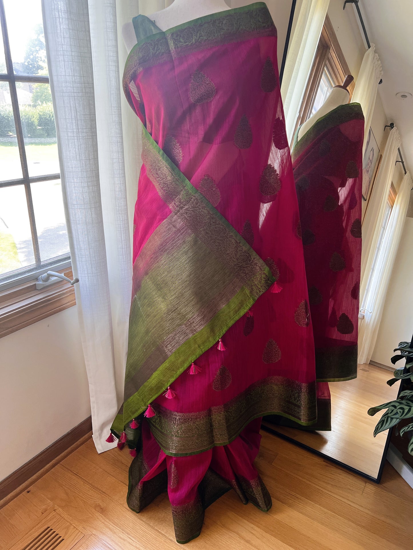 Pink Green Silk Cotton Saree