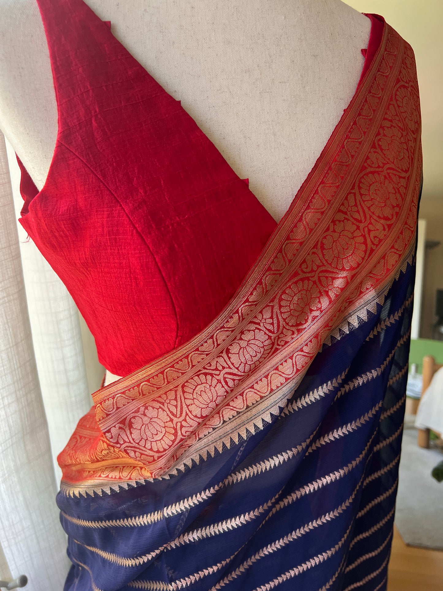 Blue Stripe Semi Georgette Saree