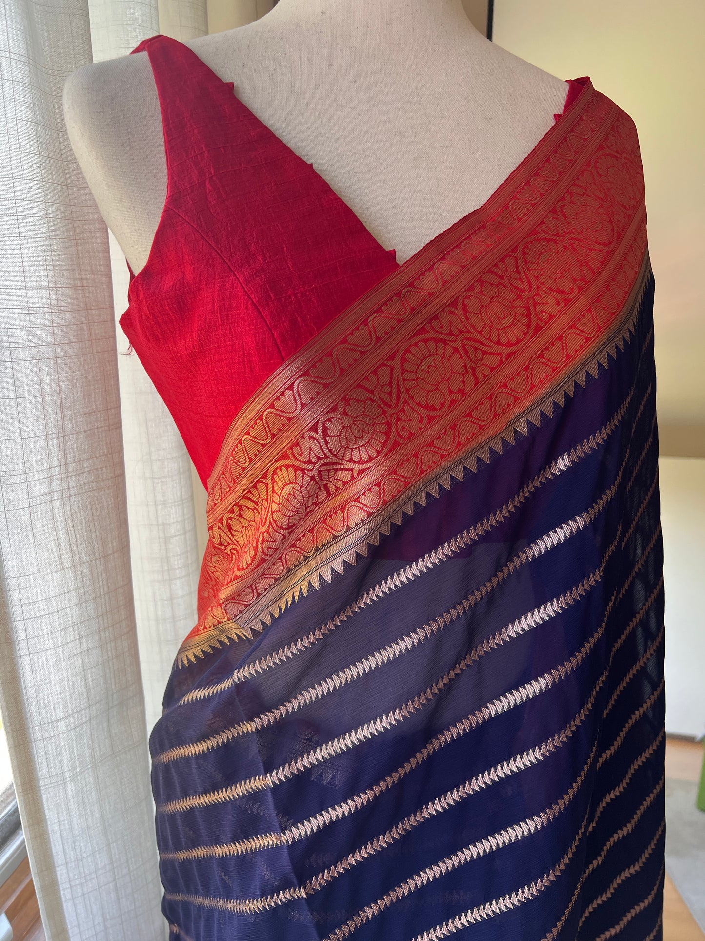 Blue Stripe Semi Georgette Saree