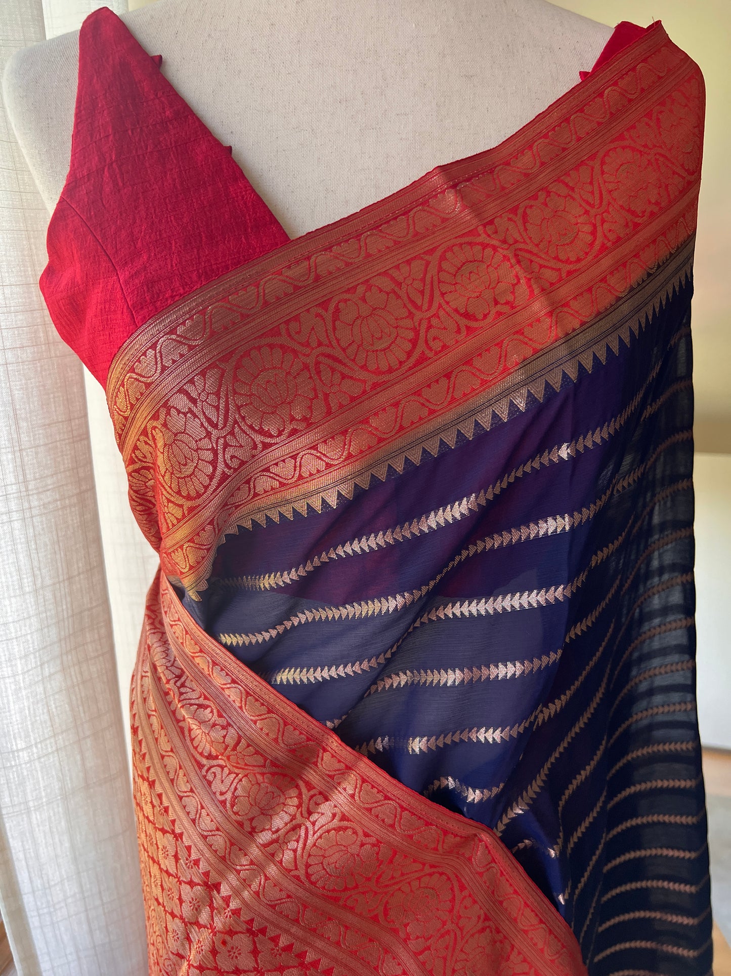 Blue Stripe Semi Georgette Saree