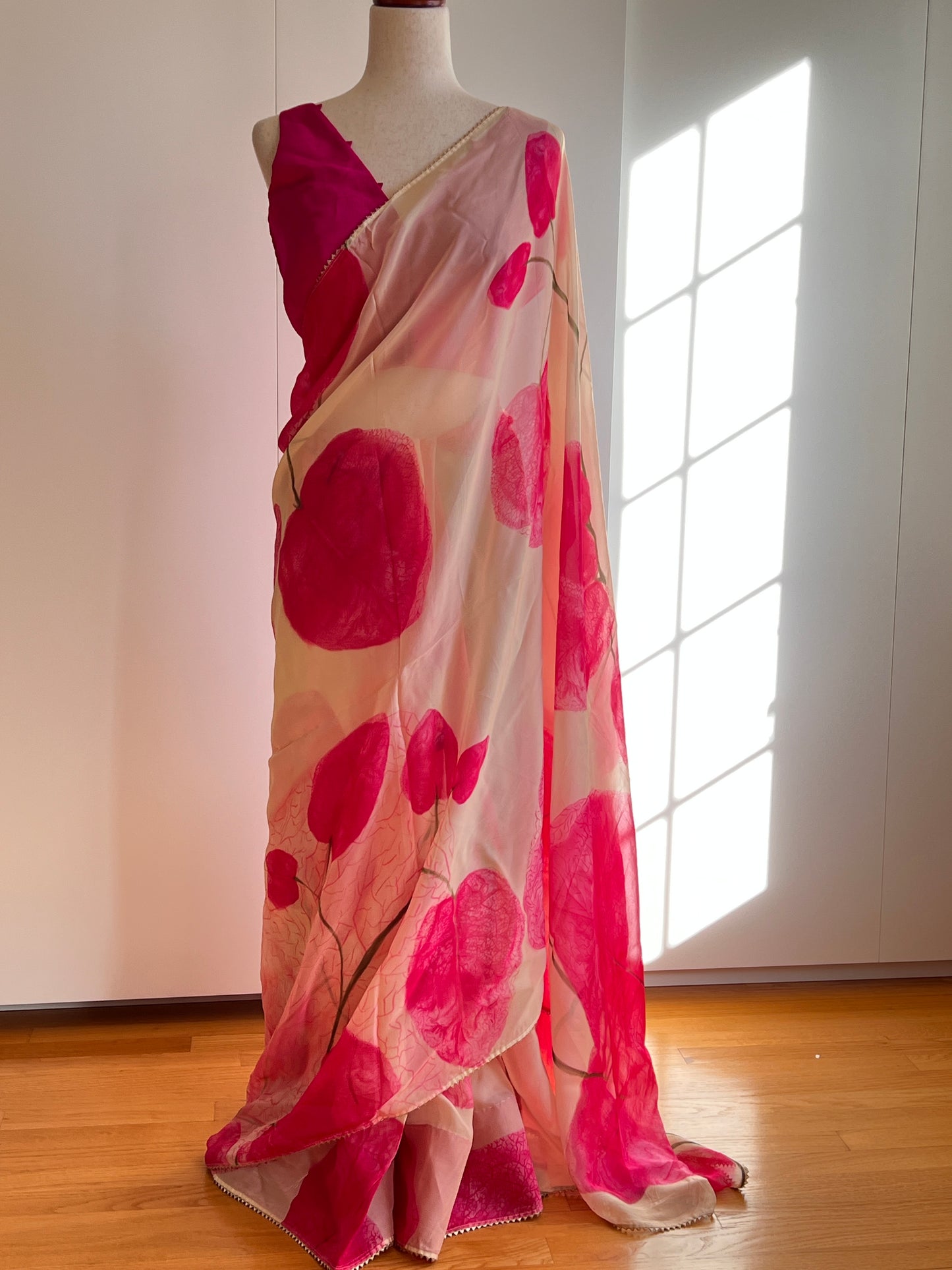 Cream and Pink Soft Organza Saree Only