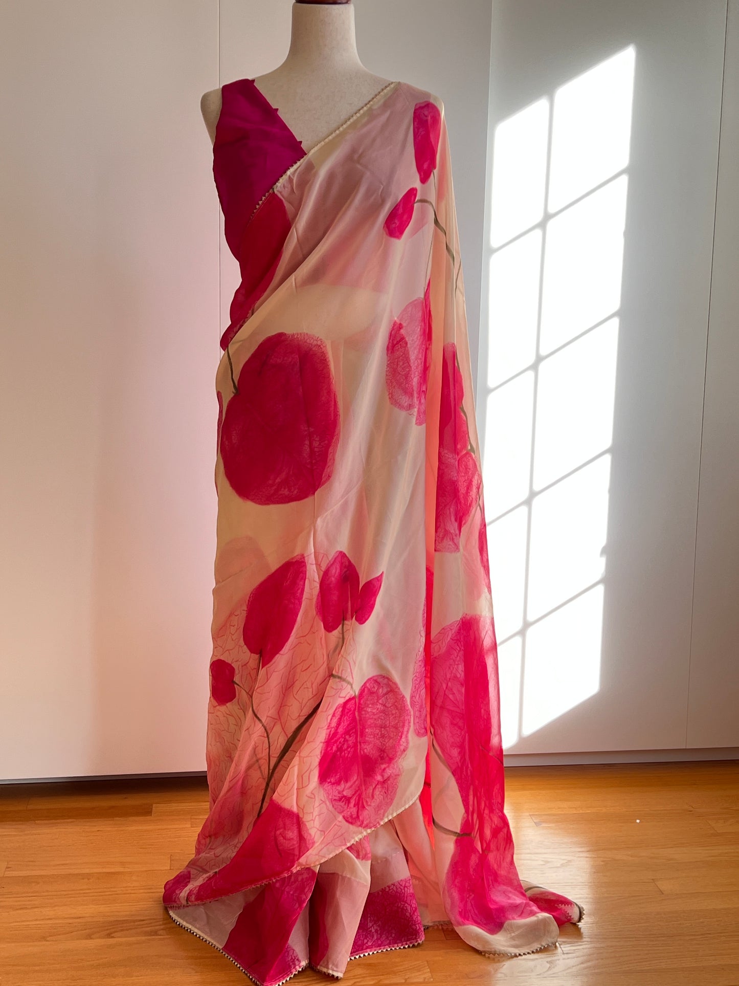 Cream and Pink Soft Organza Saree Only