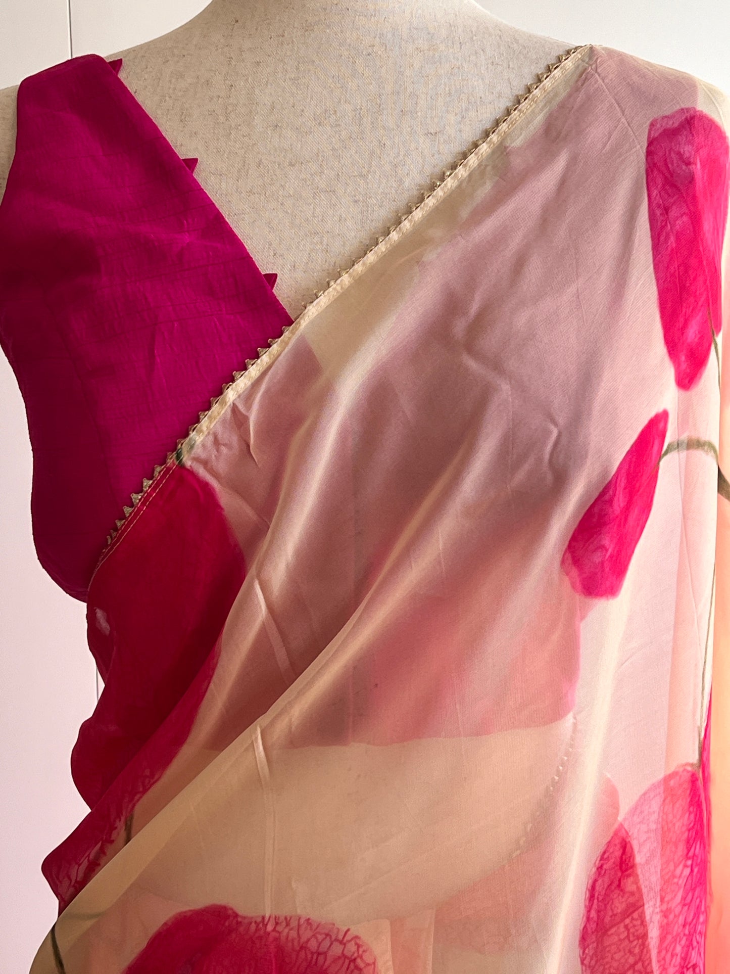 Cream and Pink Soft Organza Saree Only
