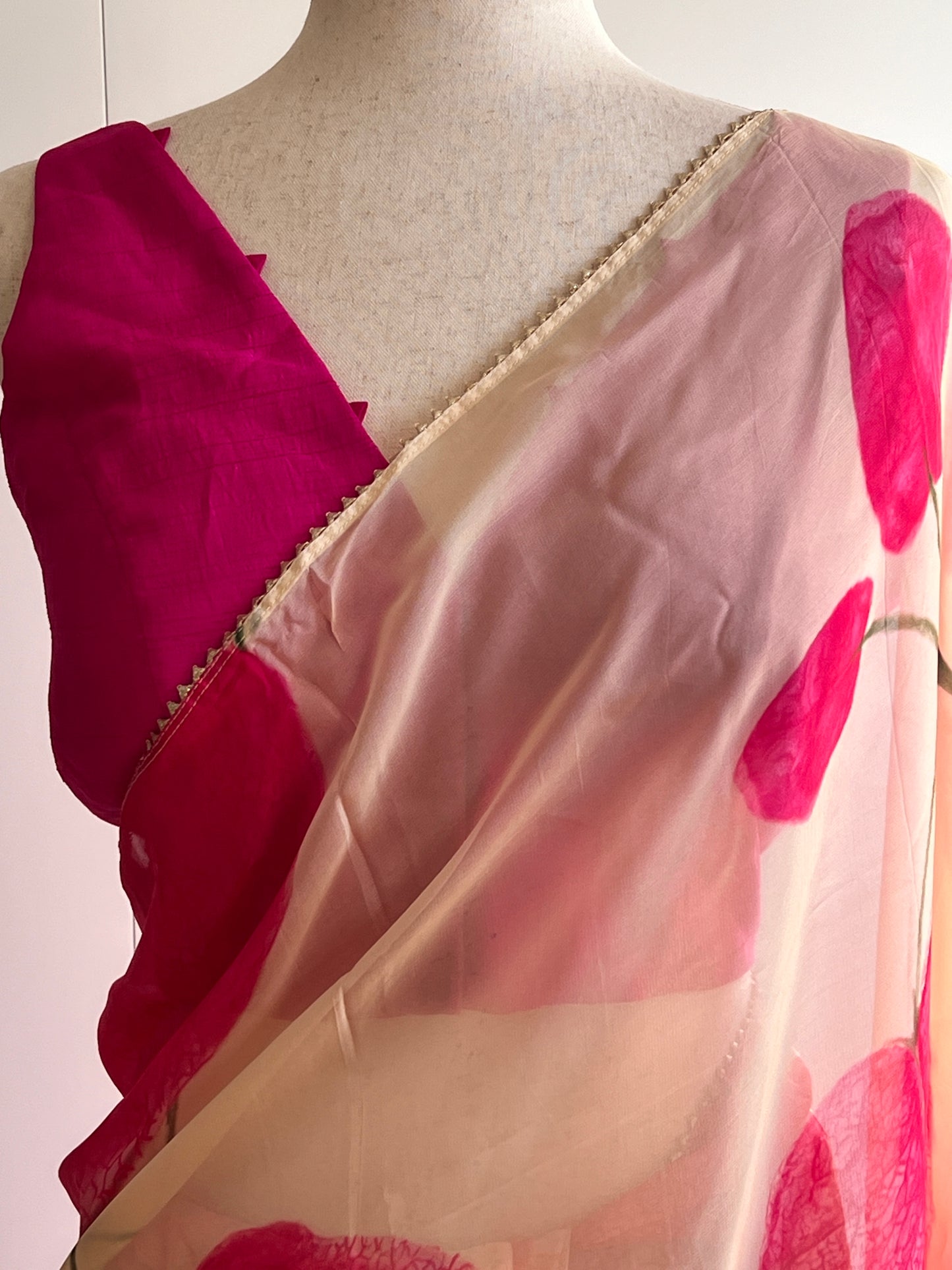 Cream and Pink Soft Organza Saree Only