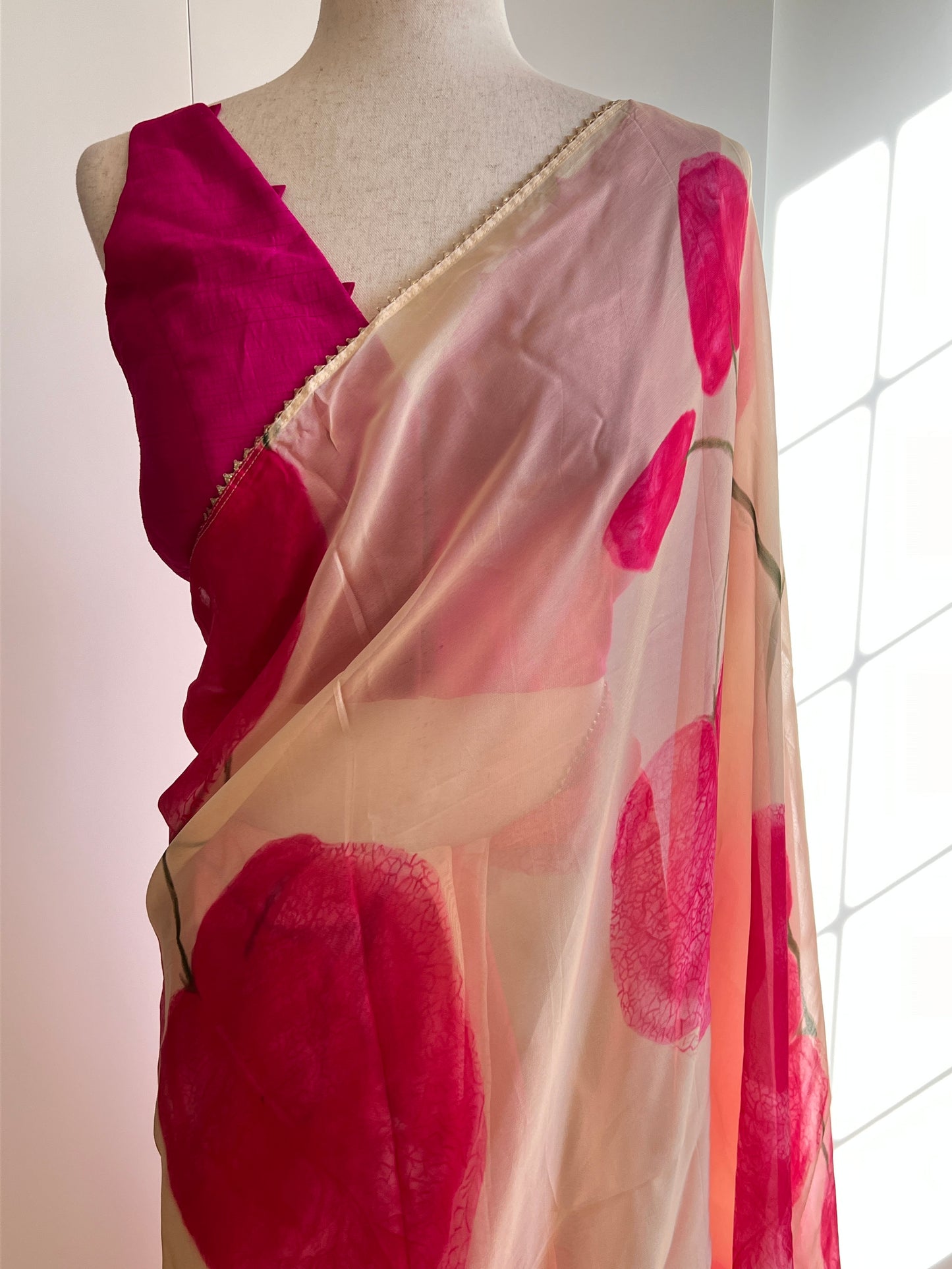 Cream and Pink Soft Organza Saree Only
