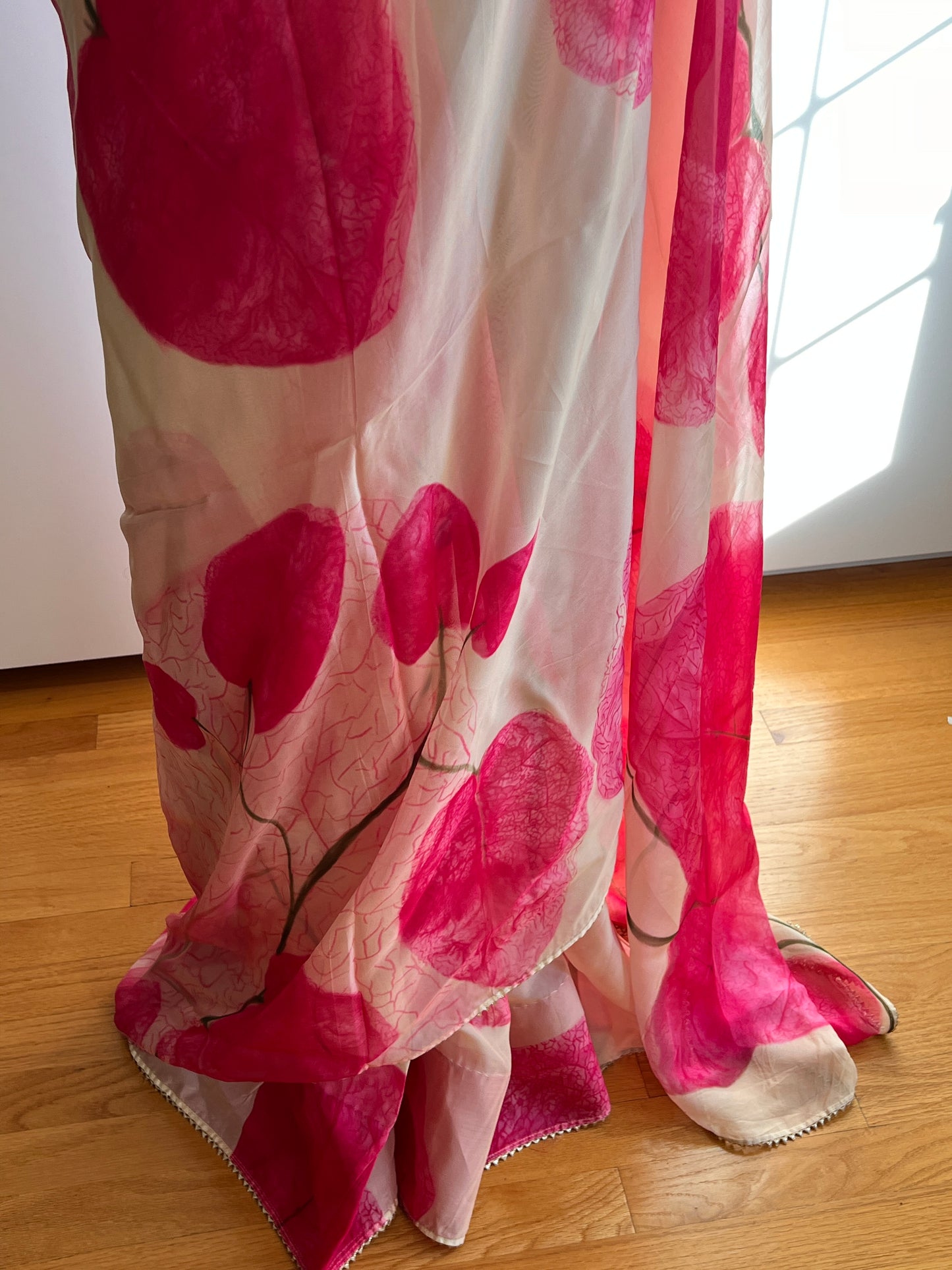 Cream and Pink Soft Organza Saree Only