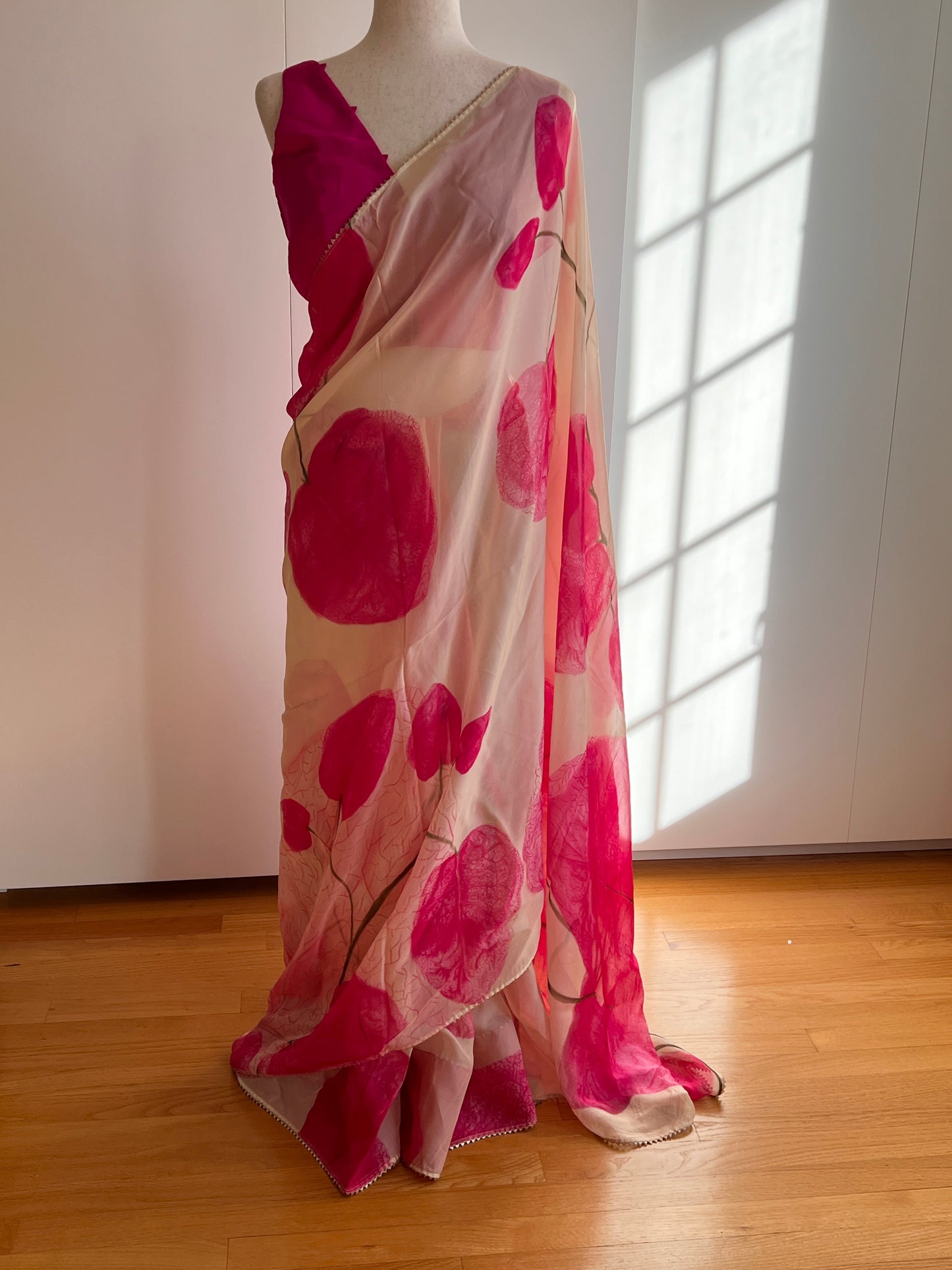 Cream and Pink Soft Organza Saree Only