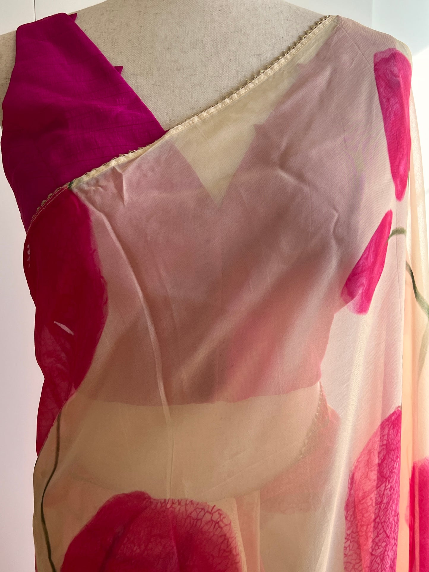 Cream and Pink Soft Organza Saree Only