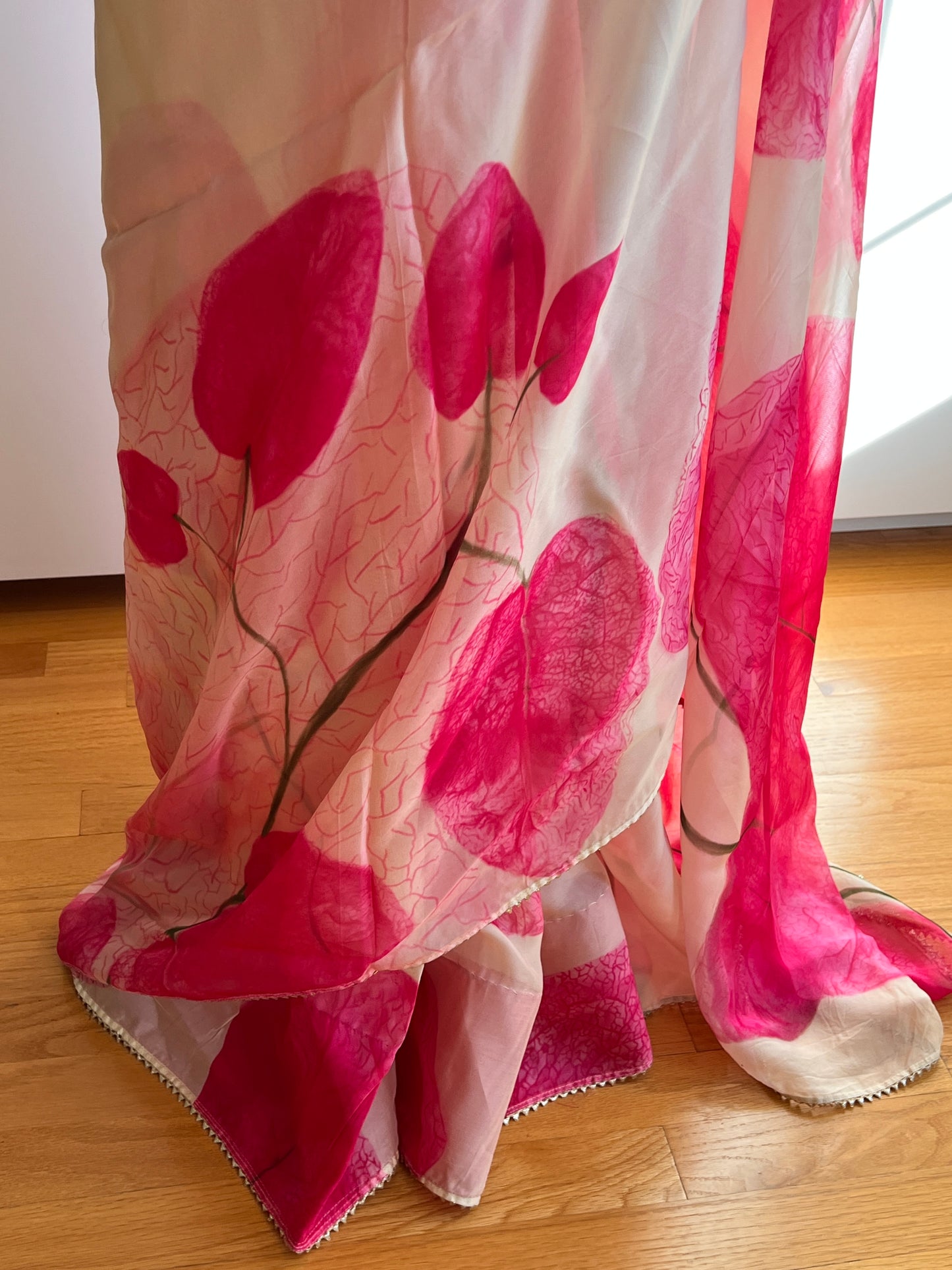 Cream and Pink Soft Organza Saree Only