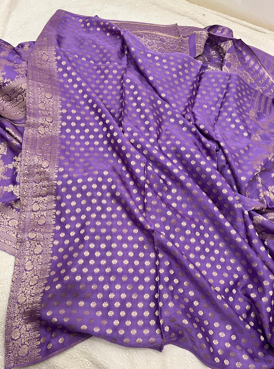 Lavender Mushru Silk Saree with Unstitched Brocade Weave Blouse Fabric