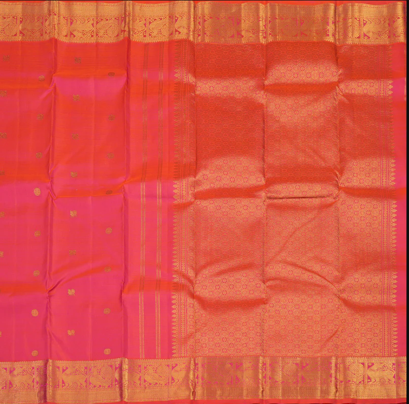 Pure Kanchipuram Silk Saree in graceful Orangish Pink with Bouse material