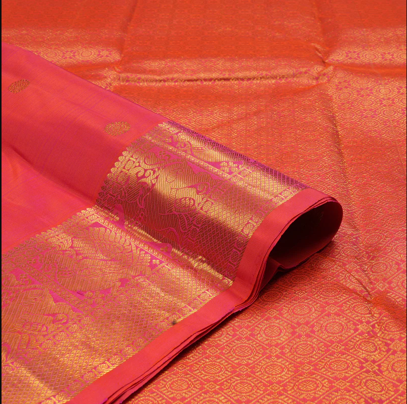 Pure Kanchipuram Silk Saree in graceful Orangish Pink with Bouse material