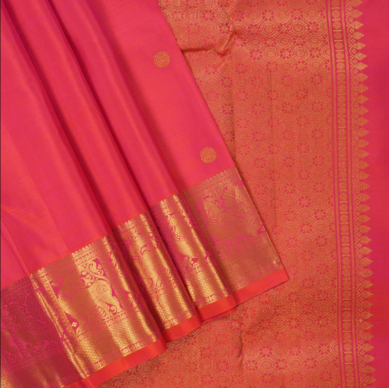 Pure Kanchipuram Silk Saree in graceful Orangish Pink with Bouse material
