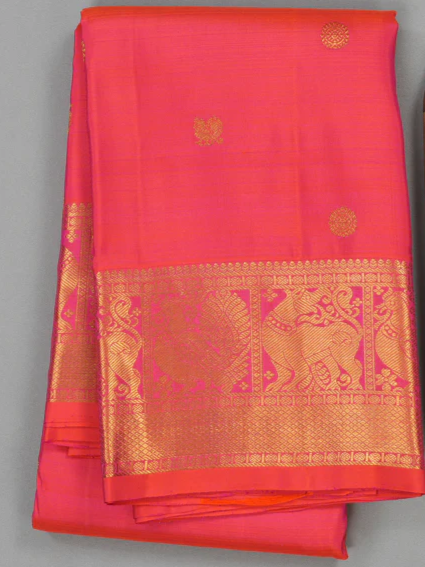 Pure Kanchipuram Silk Saree in graceful Orangish Pink with Bouse material