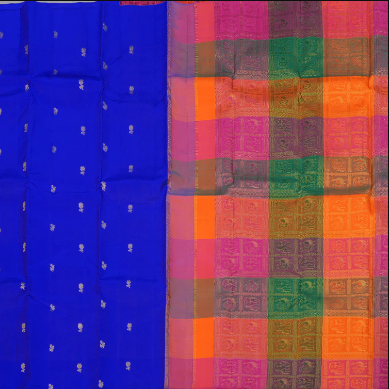 Blue Pure Kanchipuram Silk Saree with Multicolor Checks Border and Blouse