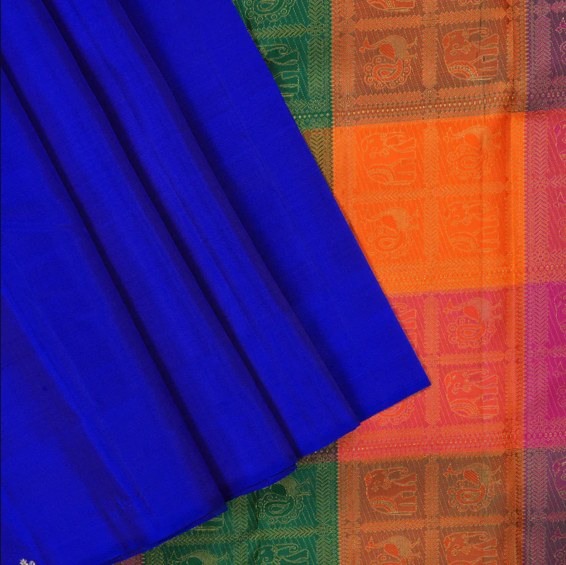 Blue Pure Kanchipuram Silk Saree with Multicolor Checks Border and Blouse