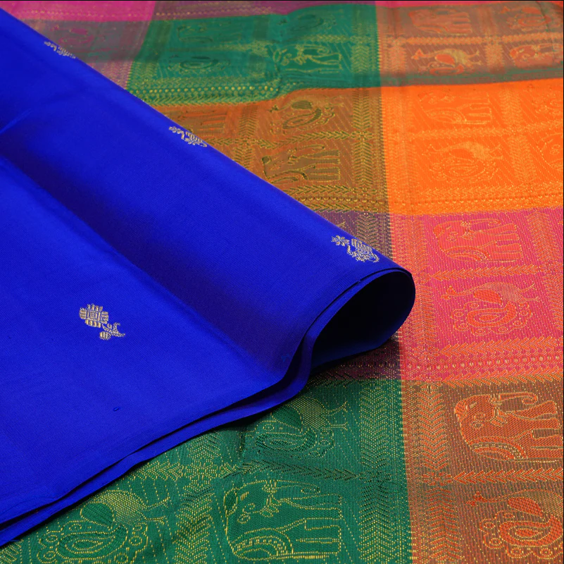 Blue Pure Kanchipuram Silk Saree with Multicolor Checks Border and Blouse