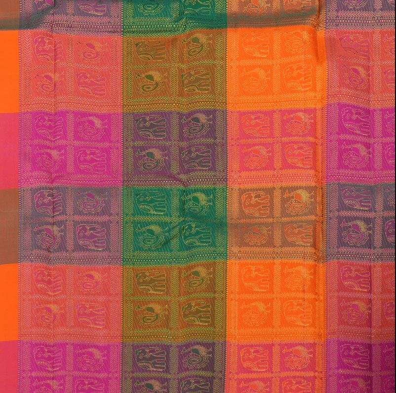 Blue Pure Kanchipuram Silk Saree with Multicolor Checks Border and Blouse