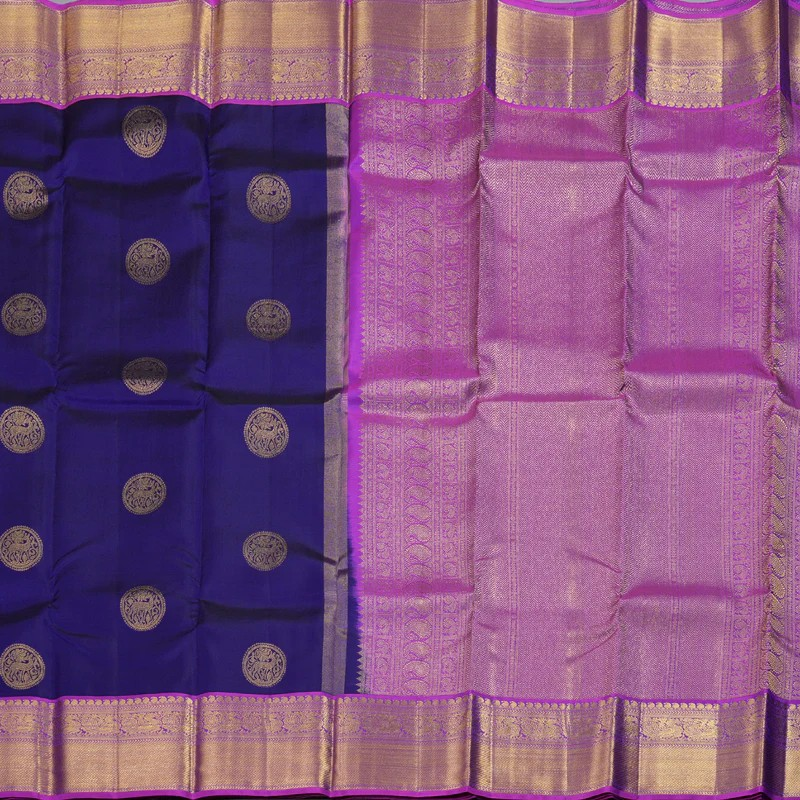 Blue Handloom Kanchipuram Silk Saree with Purple Border | Stitched Blouse-Size L