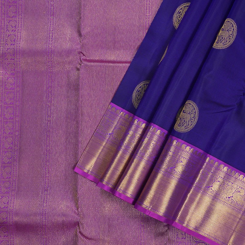 Blue Handloom Kanchipuram Silk Saree with Purple Border | Stitched Blouse-Size L