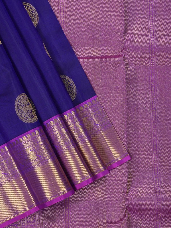 Blue Handloom Kanchipuram Silk Saree with Purple Border | Stitched Blouse-Size L