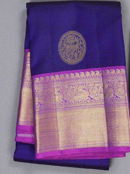 Blue Handloom Kanchipuram Silk Saree with Purple Border | Stitched Blouse-Size L