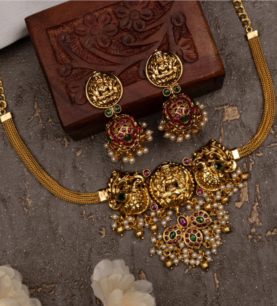 Antique necklace lakshmi design with kemp stones and pearl & golden beads hanging Earring Set