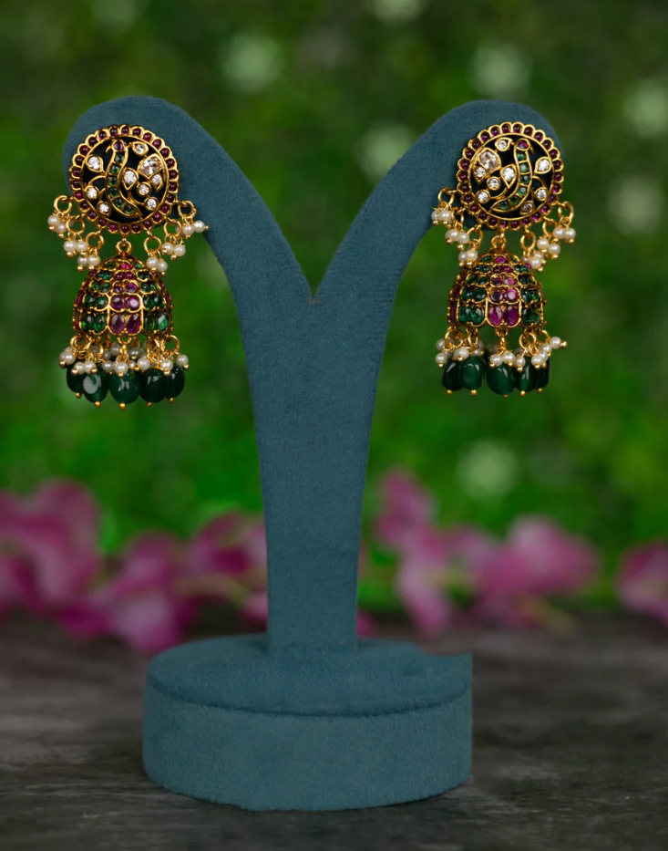 Antique jhumkas with kemp & cz stones and pearl & green beads hangings