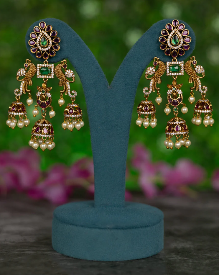 Antique jhumkas peacock design with kemp & cz stones and pearl hangings