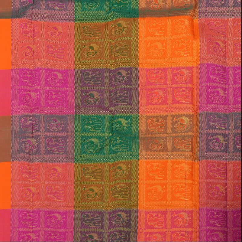 Blue Pure Kanchipuram Silk Saree with Multicolor Checks Border and Blouse