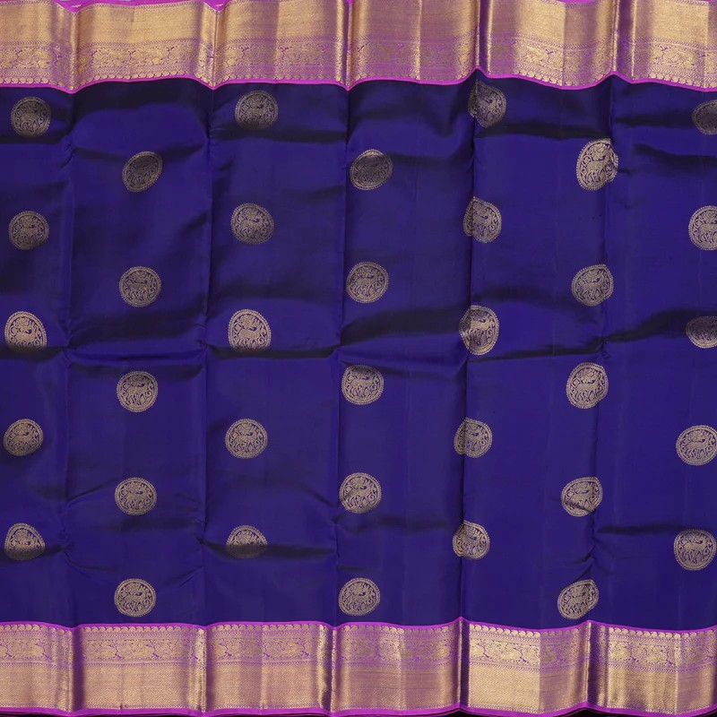 Blue Handloom Kanchipuram Silk Saree with Purple Border | Stitched Blouse-Size L