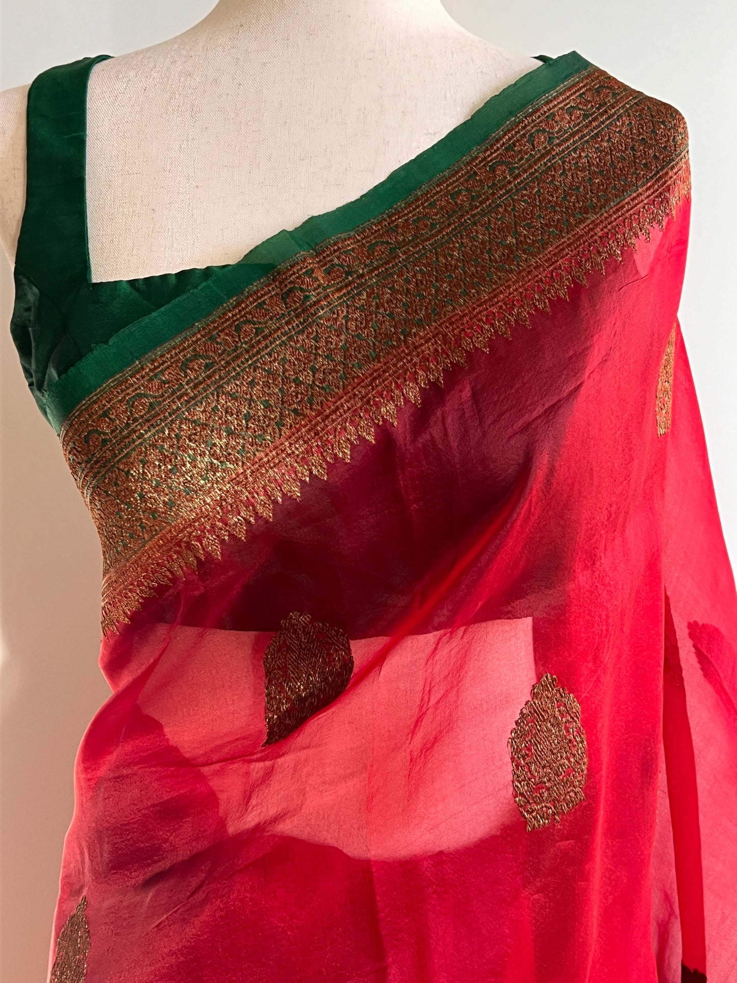 Red Kora Organza Saree with Green Zari Border