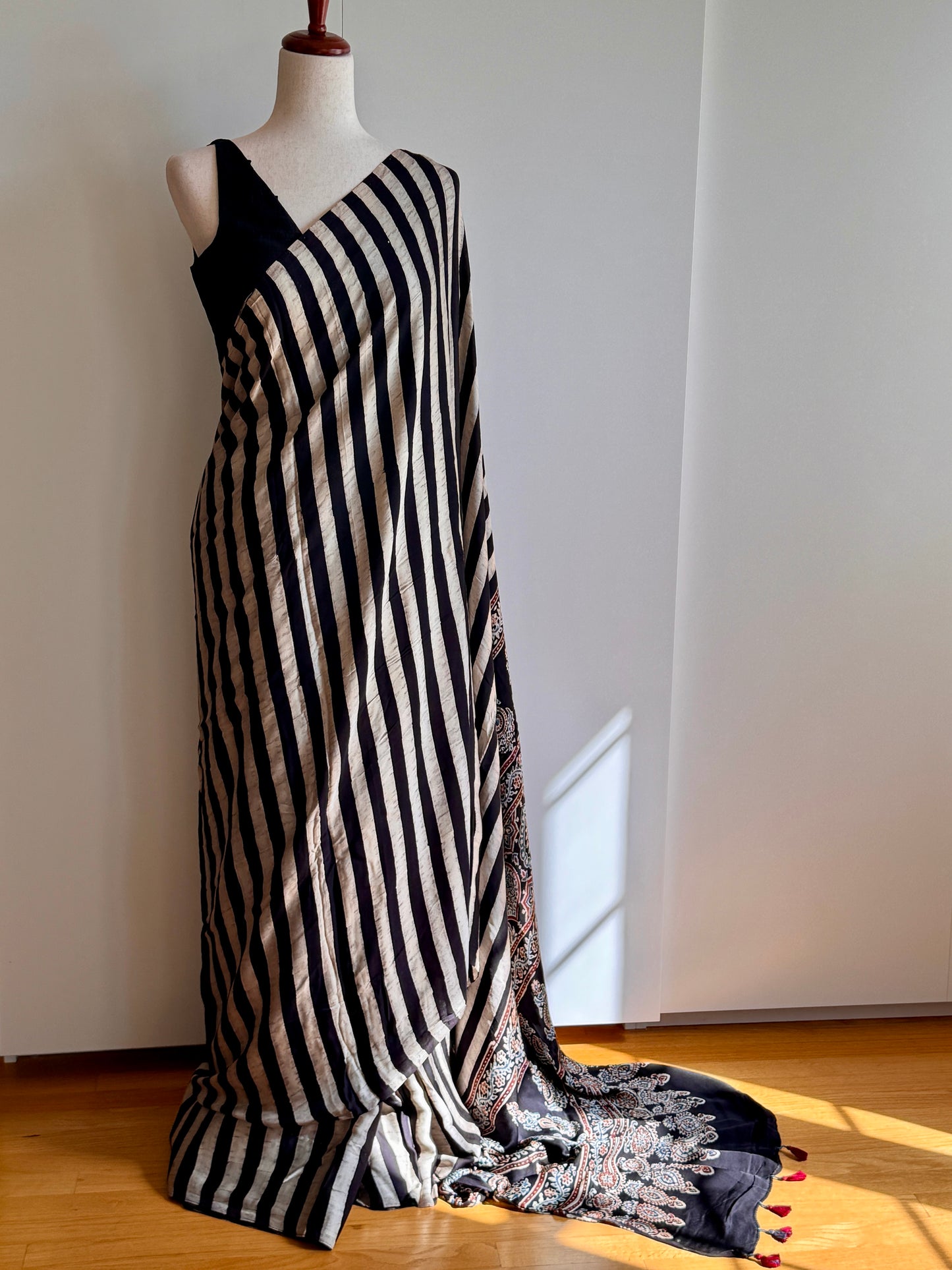 Black and White striped Modal Silk Ajrakh Saree