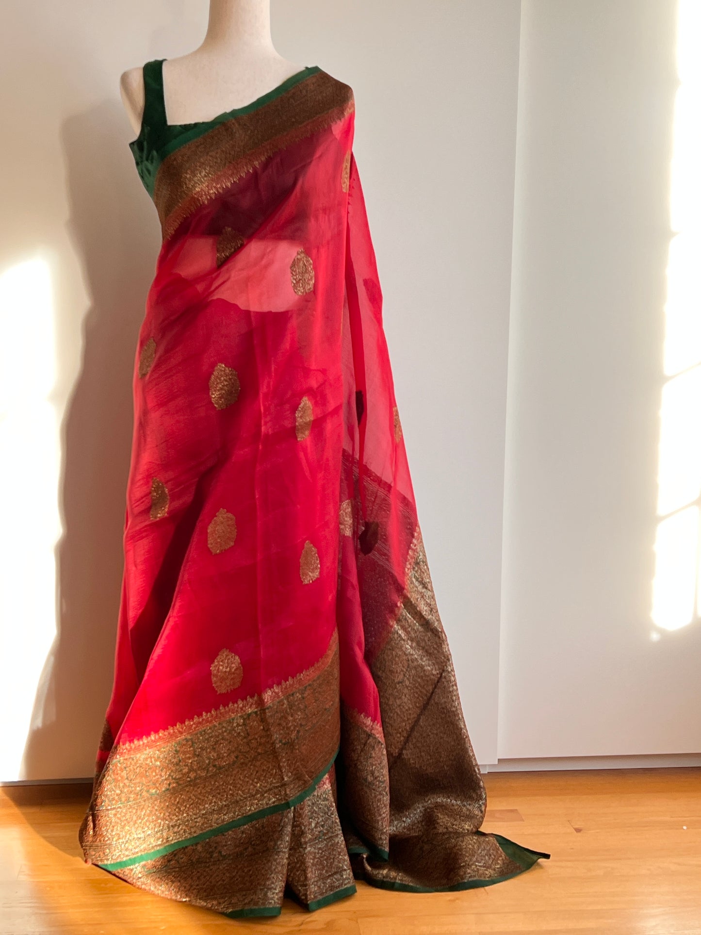 Red Kora Organza Saree with Green Zari Border