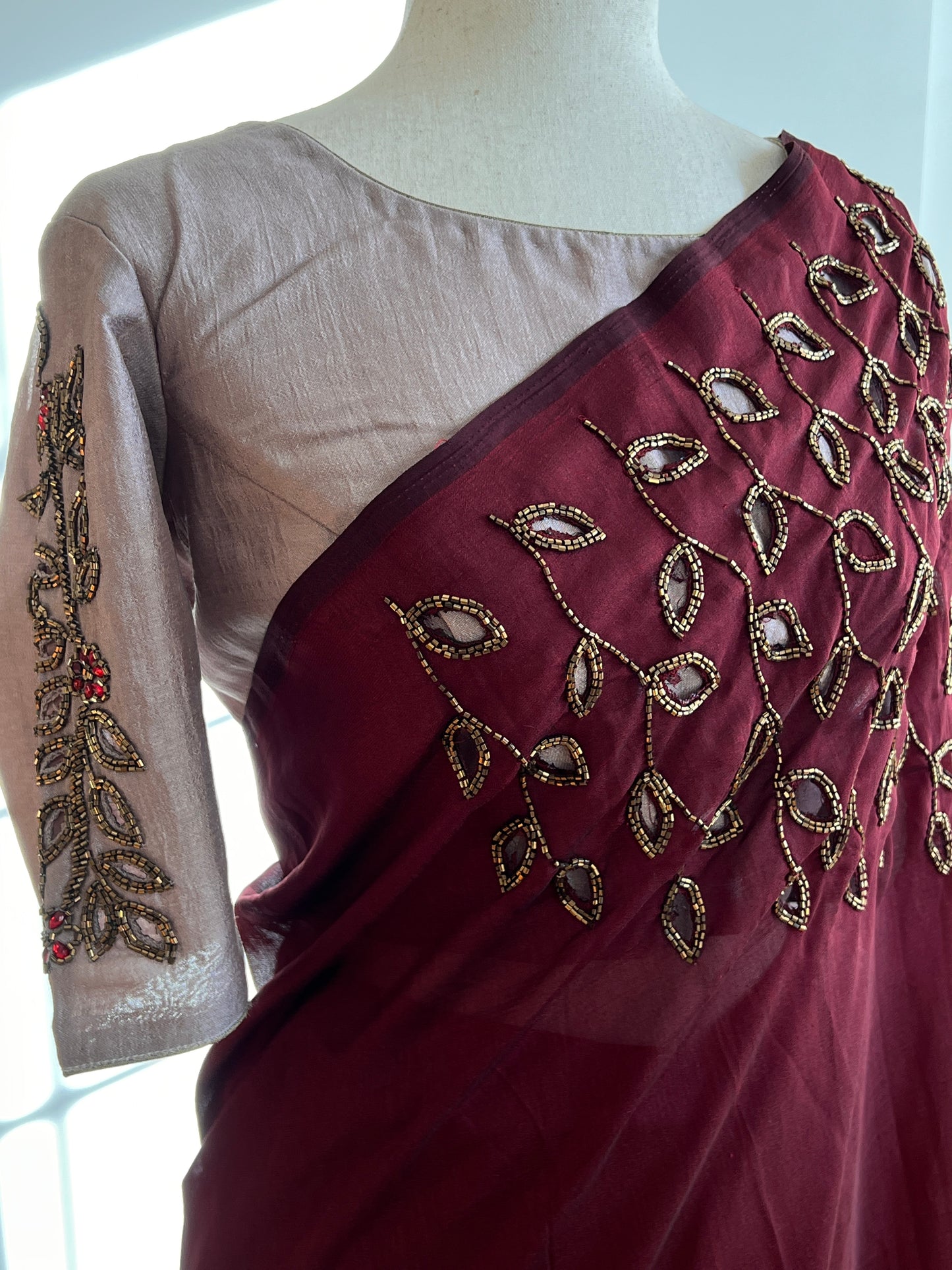 Maroon Fancy Silk Ready to Wear Saree and Grey Stitched Work Blouse