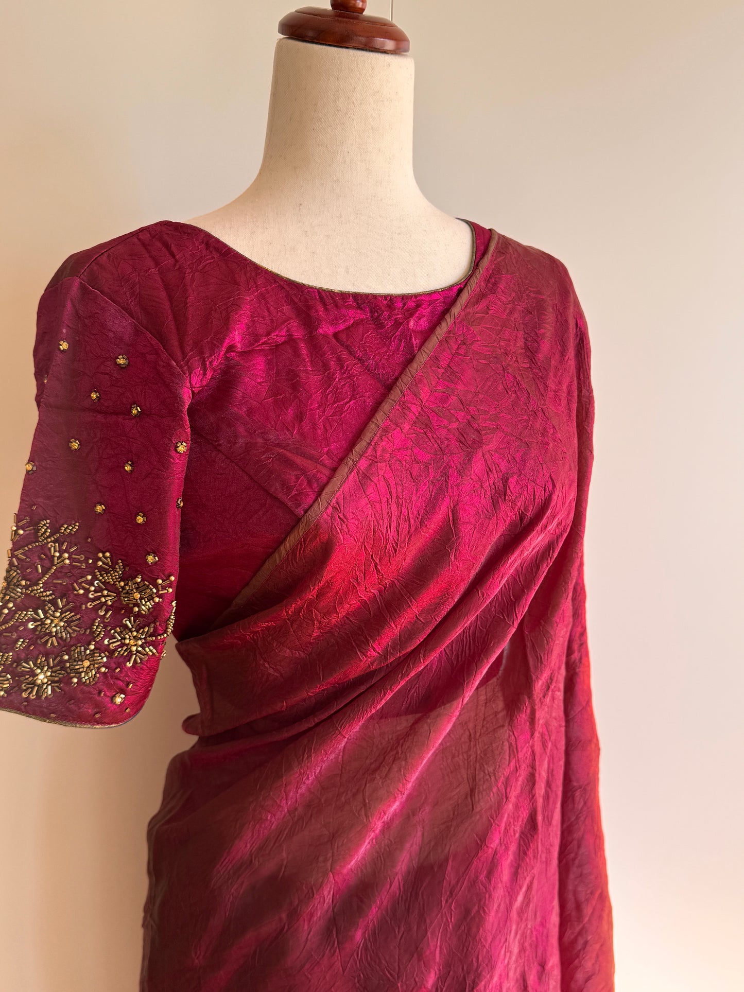 Reddish Pink Satin Crush Fancy Silk Saree and Stitched Blouse (L Size)